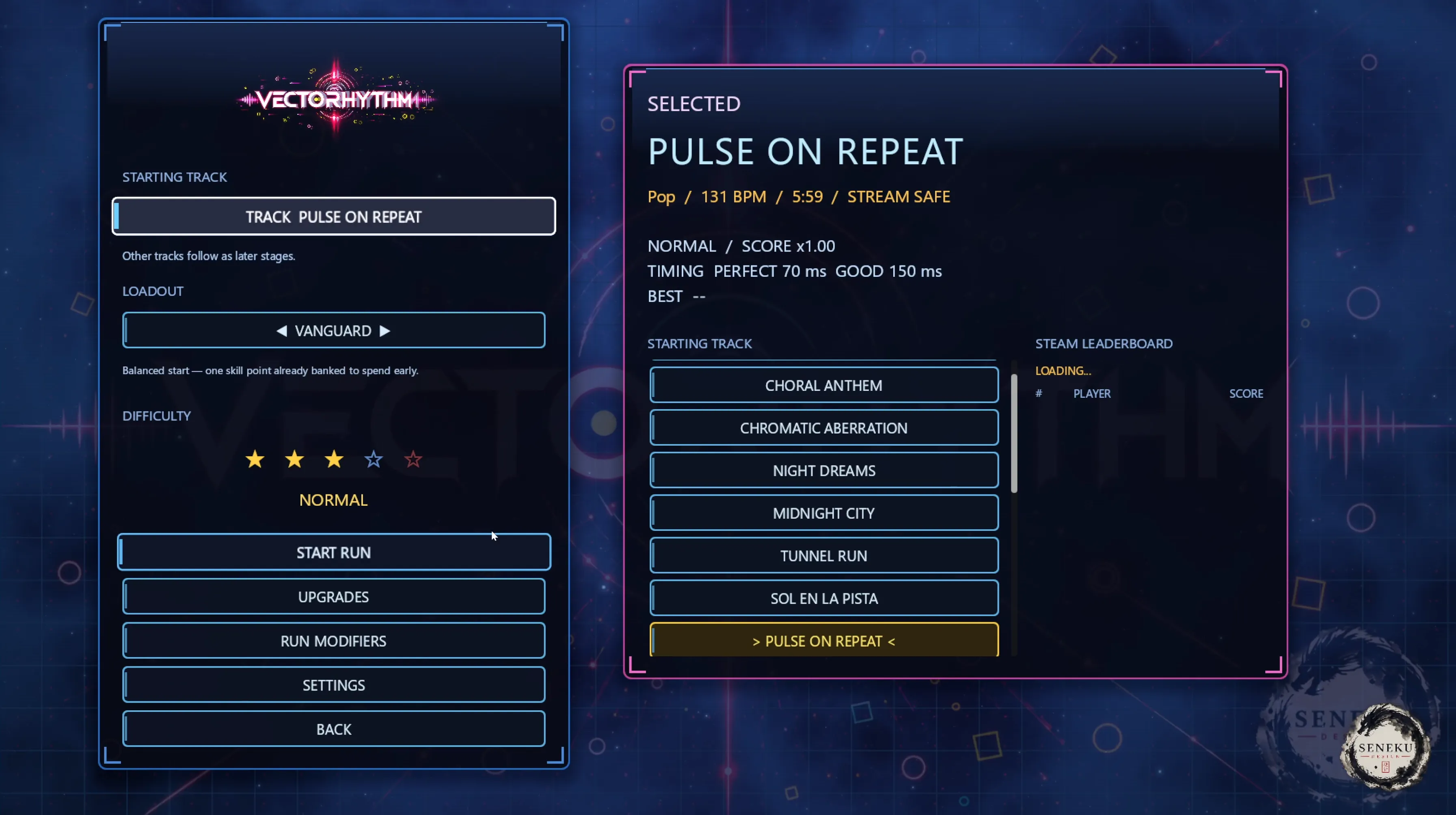 Vectorhythm mode-select screen showing track choice and Steam leaderboard