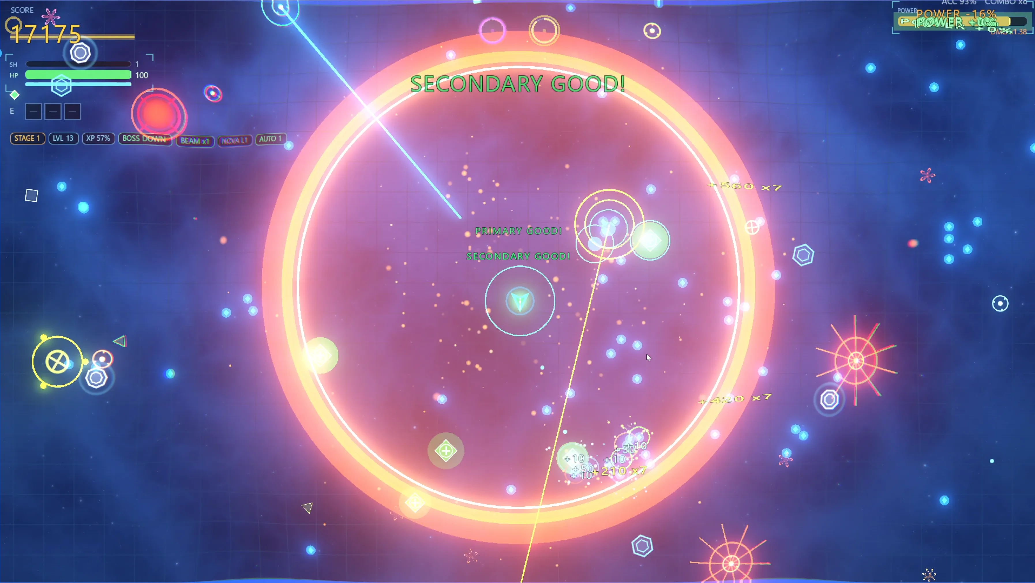 Vectorhythm: a plasma nova ring detonating among glowing enemies