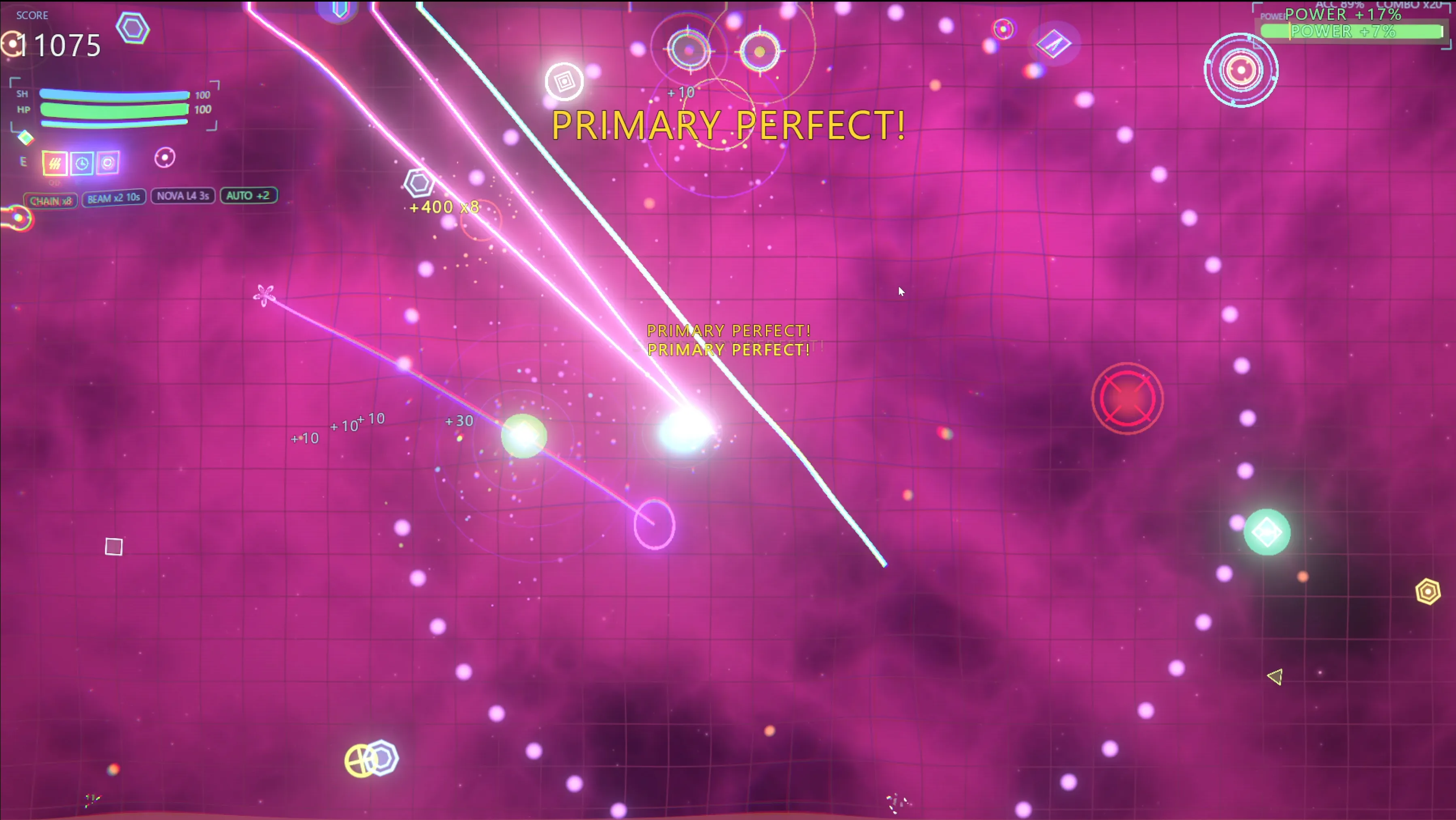 Vectorhythm: a chain of Primary Perfect hits streaking through a magenta arena